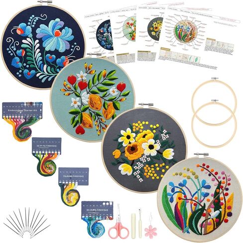 Picoey Modern Flower Heart Embroidery Kit for Beginners with Pattern and Instructions,4 Pack Cross Stitch Kits,2 Wooden Embroidery Hoops,Threads and Needles,Needlepoint Kit for Adults in Saudi Arabia