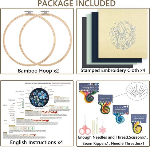 Picoey Modern Flower Heart Embroidery Kit for Beginners with Pattern and Instructions,4 Pack Cross Stitch Kits,2 Wooden Embroidery Hoops,Threads and Needles,Needlepoint Kit for Adults in Saudi Arabia