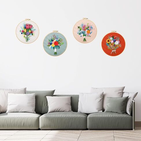 Picoey Modern Flower Heart Embroidery Kit for Beginners with Pattern and Instructions,4 Pack Cross Stitch Kits,2 Wooden Embroidery Hoops,Threads and Needles,Needlepoint Kit for Adults in Saudi Arabia