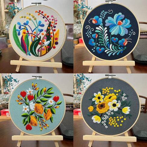 Picoey Modern Flower Heart Embroidery Kit for Beginners with Pattern and Instructions,4 Pack Cross Stitch Kits,2 Wooden Embroidery Hoops,Threads and Needles,Needlepoint Kit for Adults in Saudi Arabia