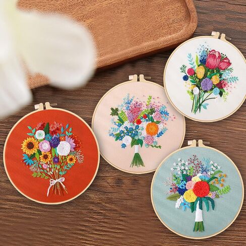 Picoey Modern Flower Heart Embroidery Kit for Beginners with Pattern and Instructions,4 Pack Cross Stitch Kits,2 Wooden Embroidery Hoops,Threads and Needles,Needlepoint Kit for Adults in Saudi Arabia