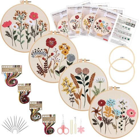 Picoey Modern Flower Heart Embroidery Kit for Beginners with Pattern and Instructions,4 Pack Cross Stitch Kits,2 Wooden Embroidery Hoops,Threads and Needles,Needlepoint Kit for Adults in Saudi Arabia