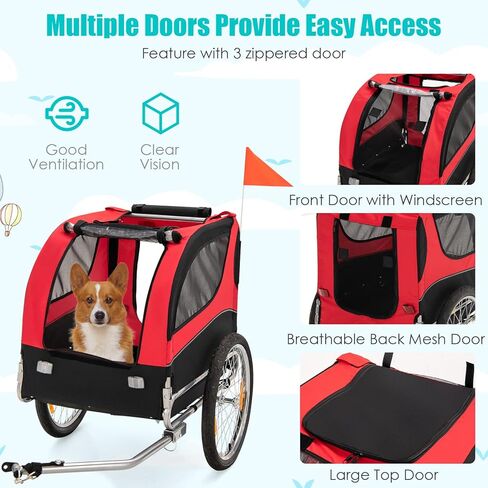 PETSITE Dog Bike Trailer, Dog Cart for Bicycle with 3 Breathable Mesh Entrances, Safety Flage, Easy Folding Pet Carrier with Quick Release Wheels, Pet Bike Trailer for Small & Medium Sized Dogs in Kuwait