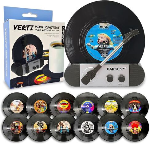 Funny Retro Vinyl Record Coasters, Creative Drink Coasters Set of 12 with Vinyl Record Player Holder for Music Lovers, Housewarming Hostess Gifts, Birthday and White Elephant Gifts Ideas in Saudi Arabia