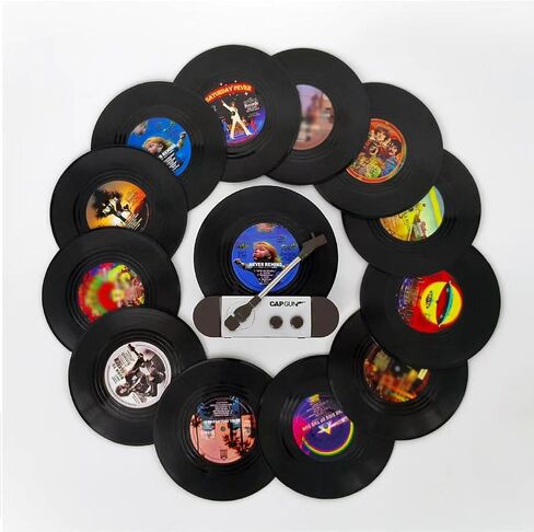 Funny Retro Vinyl Record Coasters, Creative Drink Coasters Set of 12 with Vinyl Record Player Holder for Music Lovers, Housewarming Hostess Gifts, Birthday and White Elephant Gifts Ideas in Saudi Arabia