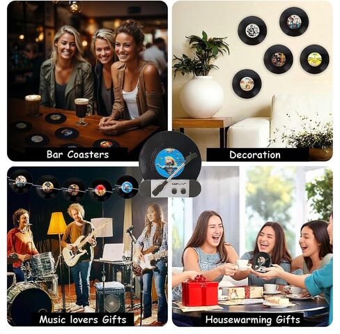 Funny Retro Vinyl Record Coasters, Creative Drink Coasters Set of 12 with Vinyl Record Player Holder for Music Lovers, Housewarming Hostess Gifts, Birthday and White Elephant Gifts Ideas in Saudi Arabia