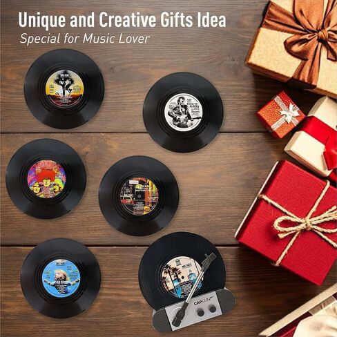 Funny Retro Vinyl Record Coasters, Creative Drink Coasters Set of 12 with Vinyl Record Player Holder for Music Lovers, Housewarming Hostess Gifts, Birthday and White Elephant Gifts Ideas in Saudi Arabia