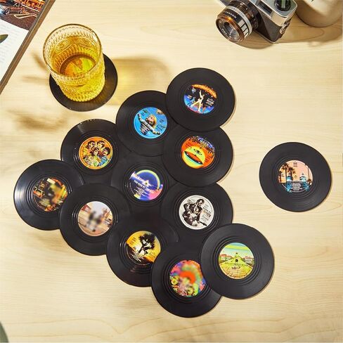 Funny Retro Vinyl Record Coasters, Creative Drink Coasters Set of 12 with Vinyl Record Player Holder for Music Lovers, Housewarming Hostess Gifts, Birthday and White Elephant Gifts Ideas in Saudi Arabia
