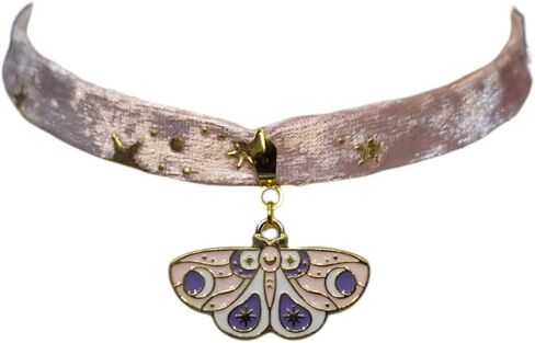 قلادة Dawn Celestial Moth Choker باللون الوردي والأرجواني مع شريط مخملي مع نجوم ذهبية مجوهرات كوخ غريب الأطوار ملحق Whimsigoth قلادة Wiccan Wiccan in Saudi Arabia