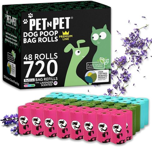 PET N PET 720 قطعة، أكياس براز ملونة للكلاب، 38% نباتية و62% بولي إيثيلين لفافات أكياس براز الكلاب، أكياس إعادة تعبئة أكياس براز الكلاب السميكة للغاية، أكياس براز الكلاب مانعة للتسرب، أكياس للحيوانات الأليفة للبراز - برائحة اللافندر in Saudi Arabia