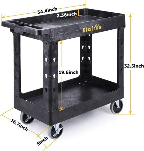 ELAFROS Heavy Duty Plastic Utility Cart 34 x 17 Inch - Work Cart Tub Storage W/Deep Shelves and Full Swivel Wheels Safely Holds up to 550 lbs - 2 Tier Service Cart for Warehouse,Garage, Cleaning in Saudi Arabia