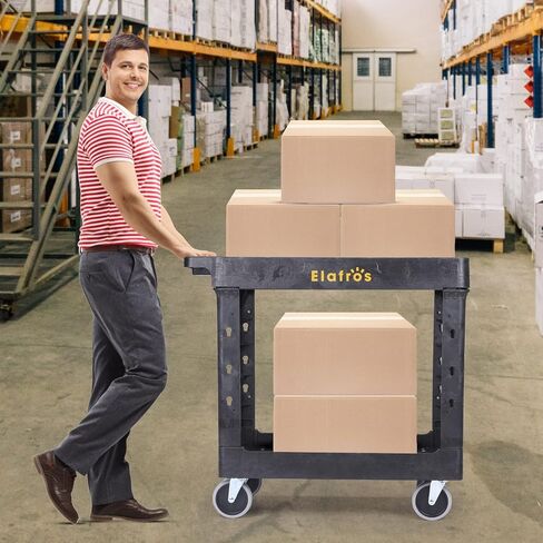 ELAFROS Heavy Duty Plastic Utility Cart 34 x 17 Inch - Work Cart Tub Storage W/Deep Shelves and Full Swivel Wheels Safely Holds up to 550 lbs - 2 Tier Service Cart for Warehouse,Garage, Cleaning in Saudi Arabia