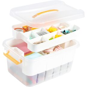 ihomecooker 13 QT Plastic Storage Bin with Lid Removable Tray Orange handle, Organizers and Storage Bins with Lid for Arts & Crafts, Playdoh, Beads, Crayons