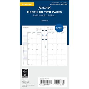 Filofax Calendar Diary Refill, Personal/Compact Size, Month-to-View, White Paper, English, 2025 (C68410-25)