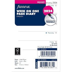 Filofax Calendar Diary Refill, Pocket Size, Week on One Page, White Paper, Unruled, English, 2025 (C68226-25)