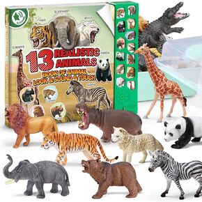 13 Realistic Animal Figures with Kids Sound Book & Storage Box, Educational Safari Animal Model Toy, Plastic Zoo Animal Figurines, Wild Themed Jungle Party Favor Birthday Gift for Toddler Boy Girl