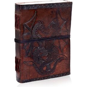 AzureGreen DOUBLE DRAGON صفحة فارغة كتاب جلدي مصنوع يدويًا غير مُبطن 5 × 7 مجلة (بني)