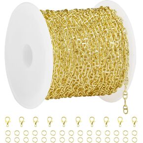 Crisjanggo 32.8 Feet Jewelry Making Chains 14K Gold Plated Brass Jewelry Chains Roll 3.5mm Bead Chain with Lobster Claws and Clasps Jump Rings for Women DIY Craft Chain