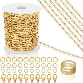 43ft Gold Chain for Jewelry Making 18k Gold Plated Stainless Steel Paperclip Chain Roll with 10Pcs Lobster Clasps and 30Pcs Jump Rings for Charm Bracelet Necklace Jewelry DIY Craft Accessories