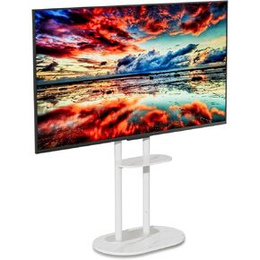 Double-pole TV Mount Stand: Floor TV Stand with Double Layer Luxurious White Sintered Stone Slate Shelf for Large TVs 40-75 inches Max. load 40kg