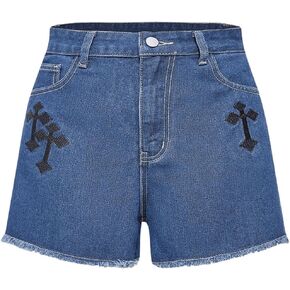 WDIRARA Women's Cross Embroidery Raw Hem Straight Leg Distressed Casual Denim Shorts