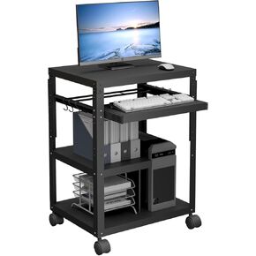 AV Cart with Wheels, Metal Rolling Media Cart & Stands with Keyboard Tray and Storage for Projector, Adjustable Height Presentation Cart Table for School Classroom and Office, Line Leader AV Carts