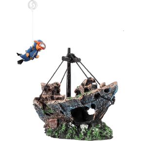 Aquarium Shipwreck Decoration + Little Diver Floating Fish Tank Decoration, Fish Tank Hideout, Fish Tank Ornaments (Shipwreck)