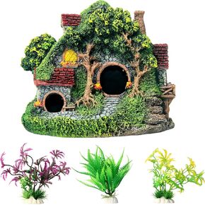 Fish Tank Decoration, Aquarium Decoration Ornaments, Fish Tank, Hobbit House Decoration, Small Fish shelter, Small Fish House, Children's Favorite Fish Tank Decoration 4 Pieces