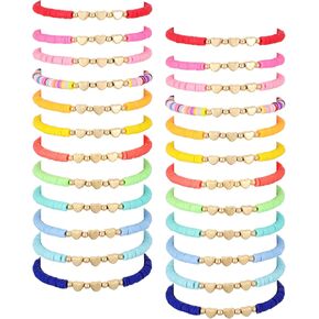 Sureio 24 Pcs Colorful Friendship Heart Bracelets Surfer Stretch Beaded Kids Bracelet for Girls Women School Gifts Tween Girl Party Favors