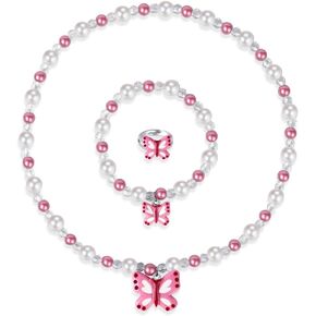 Butterfly Stretch Necklace Little Girl Toddler Necklace Bracelet Set, Little Princess Jewelry Kids Play Necklaces Butterfly Rings for Kids (B)