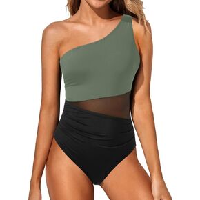 Yonique Women One Piece One Shoulder Swimsuit Tummy Control Bathing Suit Mesh Swimwear in Kuwait