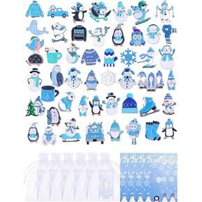 Siifert 50 Sets Winter Pins Bulk Gifts Snowflake Snowman Enamel Pin Holiday Cute Backpack Pins Blue Brooch Lapel Pin Polar Bear Penguin Brooches Pins for Clothes Bags with Card Organza Bags