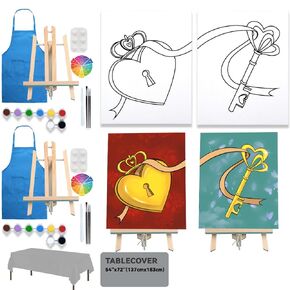 2 Pack Paint and Sip Canvas Painting Kit Pre Drawn Canvas for Painting for adults Stretched Canvas Couples Games Date Night Lock Key Paint Party Anniversary Valentine's Day (8x10)