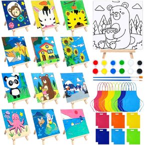 48PCS 12 Sets Printed Canvas Paint Art 12 Pcs Wooden Easel Set Paint Pots and Brushes and 12 Pre Drawn Canvas Panel 12 Pcs Mini Apron and Tote Bag for Kids(Classic)