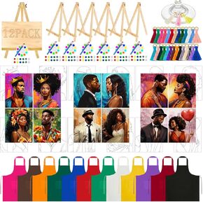 Fullhawl 12 Sets Sip and Paint Kit Pre Drawn Canvas Afro King Queen Canvas Painting Set Pre Drawn Stretch Canvas Kit for Painting (Afro Couple)