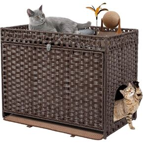 Cat Litter Box Enclosure Furniture Hidden, Pet House Litter Box Furniture for Large Cats, Handwoven Rattan with Door Cat Washroom Box, Indoor Cat House Storage with Soft Litter Mat, Brown