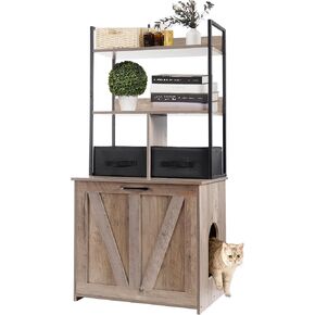 Dwanton Litter Box Enclosure with 2 Storage Shelves and 2 Drawers, 2-in-1 Hidden Cat Litter Box Enclosure Furniture with Shelf, Reversible Entrance, Washable Drawers, 50-Inch, Greige
