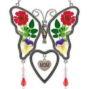 فراشة Suncatcher الجدة زجاج الشمس الماسك، أجنحة زهرة حقيقية مضغوطة في الزجاج، فراشة Suncatchers هدية عيد ميلاد الجدة زخرفة للنوافذ مع سحر القلب المعدني