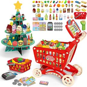 deAO Kids Shopping Cart with Christmas Tree,with Play Food Fruits and Shop Accessories, Grocery Cart Toy Pretend Play Toys for Kids (Blue)