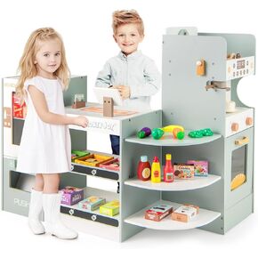 INFANS Grocery Store Playset, Kids Play Store, Wooden Supermarket Playset with Cash Register, Coffee Machine Vending Machine, Play Food Accessories, Pretend Play Store Gift for Toddler Boys Girls