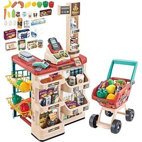 deAO Pretend Play Grocery Store Kids Supermarket Set Role Play Store with Kids Shopping Cart,Kids Cash Register,Best Gift for Kids