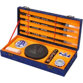 MEGREZ Chinese Calligraphy Set for Beginners, Comes with Calligraphy & Sumi Brushes,Calligraphy Ink Stick and Ink Stone for Writing and Drawing, Blue Gift Box(10 Items)