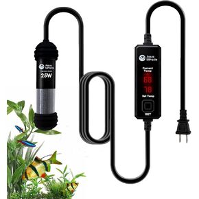 AquaMiracle 25W Small Aquarium Heater Fish Heater, Super Mini Fish Tank Heater Turtle Tank Heater for 3-5 Gal Tanks, with Dual LED Display, Dry-Run/Overheating Protection & Memory Function