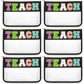 6 Pcs Chenille Letter Bag Bulk Teacher Appreciation Gifts Preppy Patch Makeup Bag Flat Clear Pouch Teacher Must Haves Teacher Stuff Bags with Zipper Portable Toiletry Storage Bag for Teacher