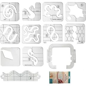 11Pcs Free Motion Quilting Template Series 5 for Domestic Sewing Machine Ruler Come with 1pcs Quilting Frame +1 Pack Non-Slip Adhesive Rings Ruler Grips