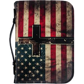 American Flag Bible Case for Men, Bible Cover with Handle&Zipper, Waterproof Bible Bags for Standard Size Bible, PU Leather Bible Accessories with Pen Storage, Bible Gifts