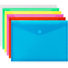 Plastic Envelopes - 6 PACK Clear Plastic Envelopes with Velcro Closure A4 Letter Size Waterproof Reusable Plastic Envelopes for Documents 6 Colors Poly Plastic Envelope Folders for School Office Home