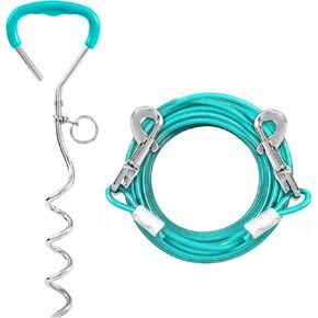 Dog Tie Out Stake and Dog Run Cable, 20FT Long Dog Lead with Dog Yard Stake, Dog Chains 20ft for Outside, Dog Yard Leash and Stake for Camping & Beach, Dog Tie Out Tether for Medium Large Dogs