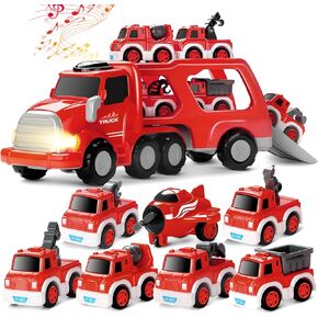 Fire Truck Toy Cars - Boy Toys for 3-5 Year Old Toddlers, 8 in 1 Carrier Truck with Pull-Back Toy Cars and Planes, Christmas Birthday Gifts for 3 4 5 6 7 Years Old Kids (Red)