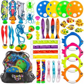 Chuchik 30 Pcs Diving Toys, Swimming Pool Toys for Kids Ages 4-8 8-12 with a Storage Net Bag. Pool Dive Toys for Kids. Pool Games, Swim Summer Water Toys. Include Diving Sticks & Pool Rings
